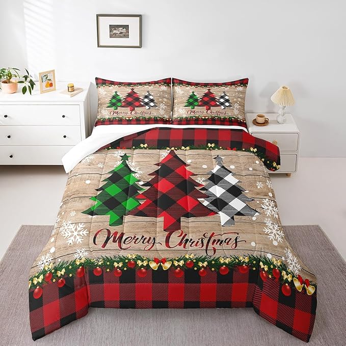 Manfei Plaid Tree Comforter Set Full Size, Wooden Stripe Print Bedding Set 3pcs for Kids Boys Girls Bedroom Decor, Christmas Theme New Year Quilt Set with 2 Pillowcases
