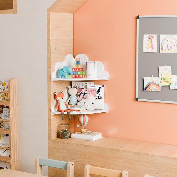 Cute Cloud Floating Corner Shelves - 2-Tier Cloud Corner Shelf Wall Mounted for Kid’s Room, Nursery Wall Decor, Small Cute Display Shelves for Toys, Plants & Storage