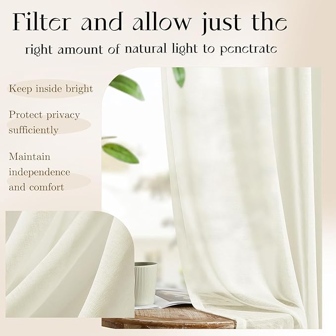 Dreaming Casa Ivory Sheer Curtains 102 Inches Long, Rod Pocket & Back Tab Light Filtering Textured Sheers for Living Room Bedroom, 2 Panels, Each 52" W x 102" L