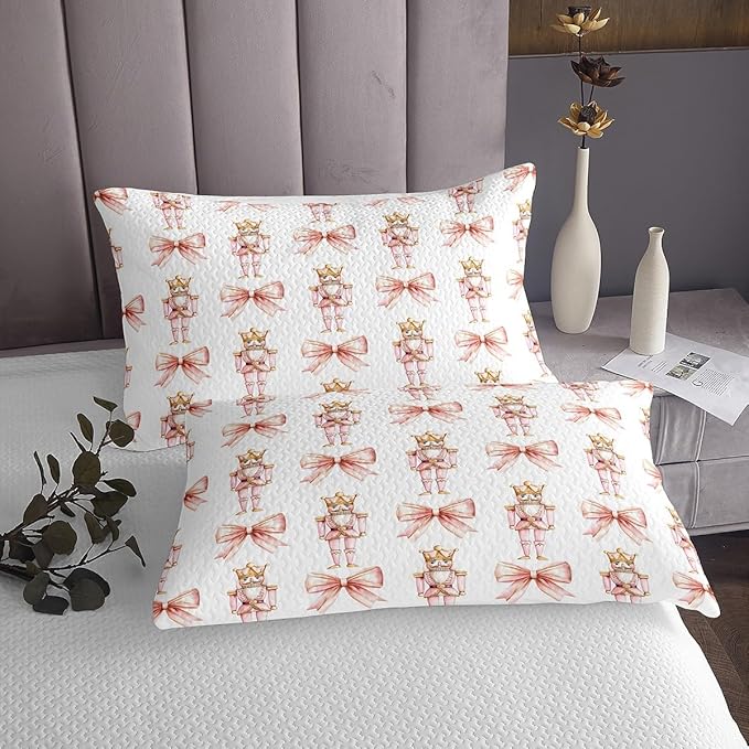 Cartoon Nutcracker Kids Bedspread Queen Size,Pink Bowknot Romantic Princess Coverlet Set,Girls Women Room Decor,Ballet Merry Christmas Bow Tie Quilted Coverlet,Dreamy Bedding Quilt,2 Pillowcases