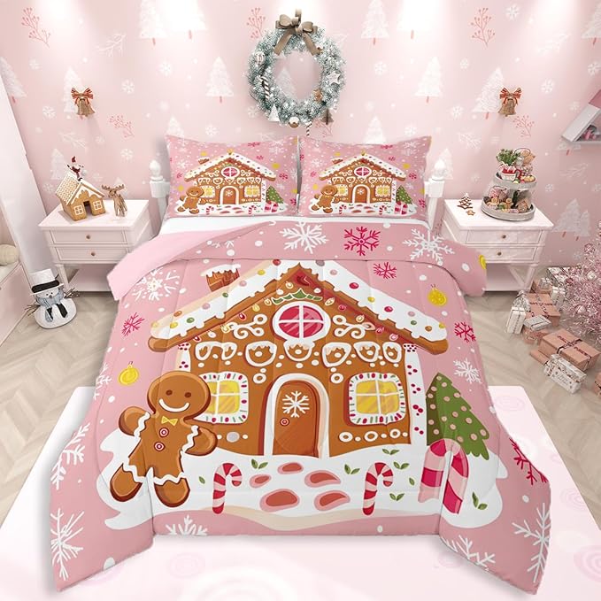 Feelyou Christmas Gingerbread Bedding Set Soft for Boys Girls,Gingerbread House Comforter Set Full Size Winter Holiday Decor Duvet Quilt Cute Snowflake Room Decor Pink Decor 3 Pcs with 2 Pillow Cases