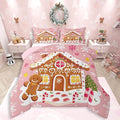 Feelyou Christmas Gingerbread Bedding Set Soft for Boys Girls,Gingerbread House Comforter Set King Size Winter Holiday Decor Duvet Quilt Cute Snowflake Room Decor Pink Decor 3 Pcs with 2 Pillow Cases