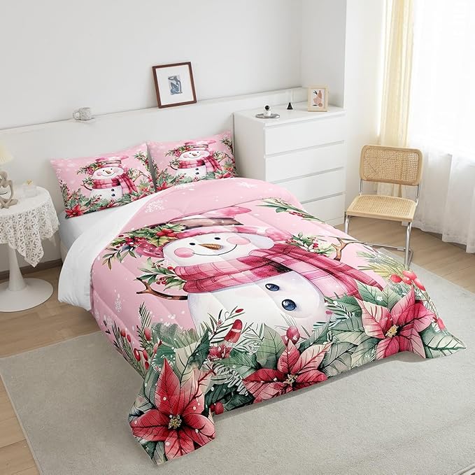 Manfei Xmas Snowman Comforter Set Twin Size, Leaves Flower Snowflake Down Comforter with 1 Pillowcase, Christmas Pink Bedding Set 2pcs for Kids Boys Girls Room Decor Lightweight Duvet Insert