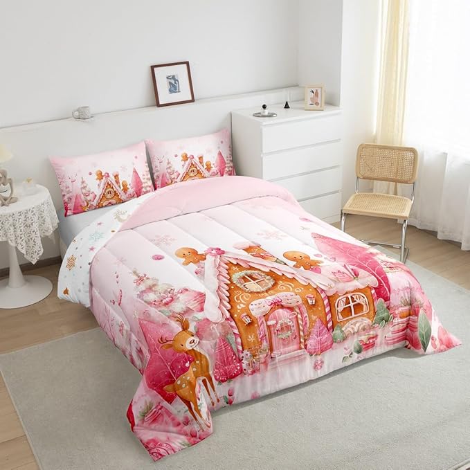 jejeloiu Kids Christmas Theme Comforter Set King Size Cute Deer Gingerbread Man Bedding Set for Boys Girls Teens Pink Xmas Tree Candy House Snowflake Winter Duvet Quilt Room Decor