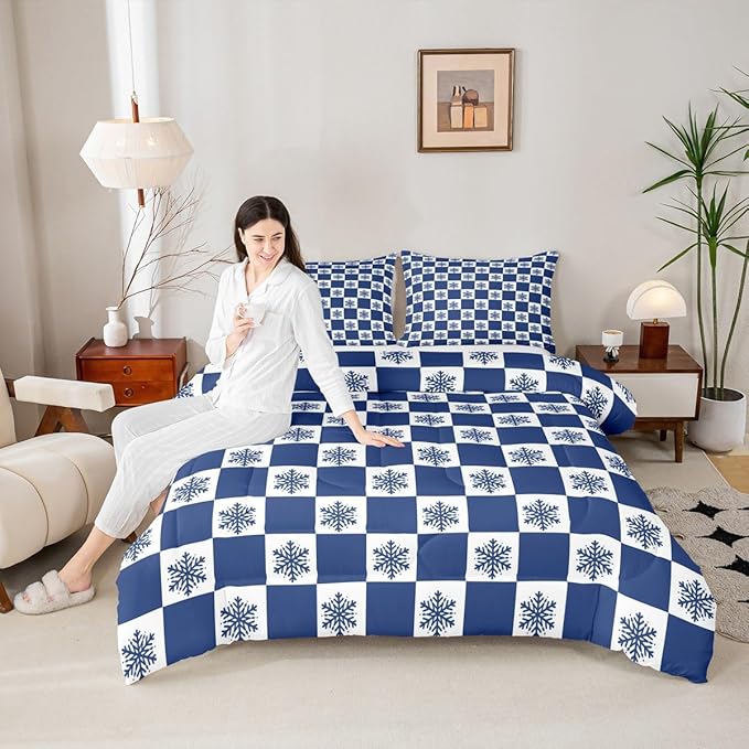 Feelyou Christmas Bedding Set Soft for Boys Girls, Checkered Comforter Set Toddler Size Snowflake Duvet Quilt Microfiber Xmas Decorations Bedroom Decor Blue 2 Pcs with 1 Pillow Cases