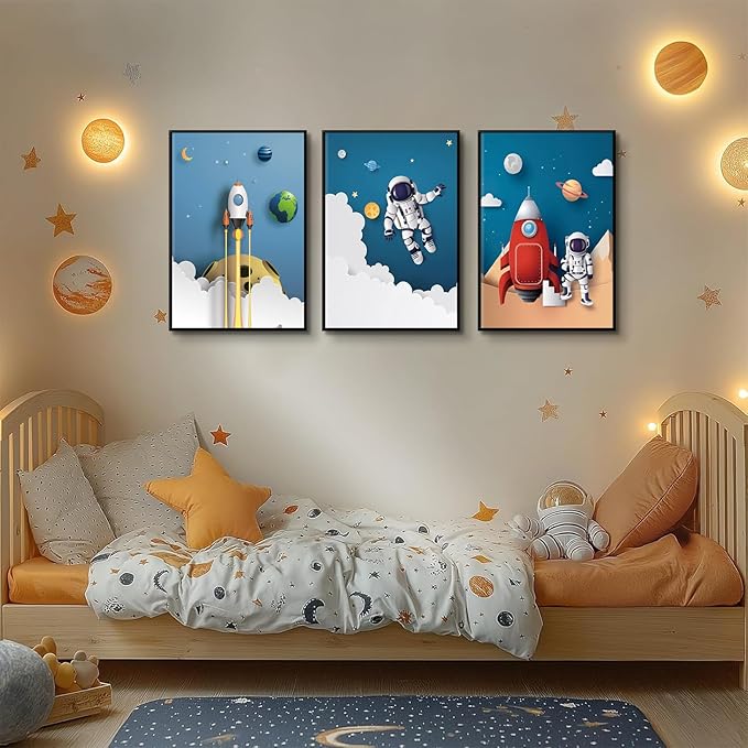 3Pcs Astronaut Canvas Wall Art Nursery Space Adventure Wall Decor Whimsical Space Themed Posters Artwork Rocket Spaceship Prints Pictures for Kids Room Boys and Girls Bedroom (12x16in Poster)