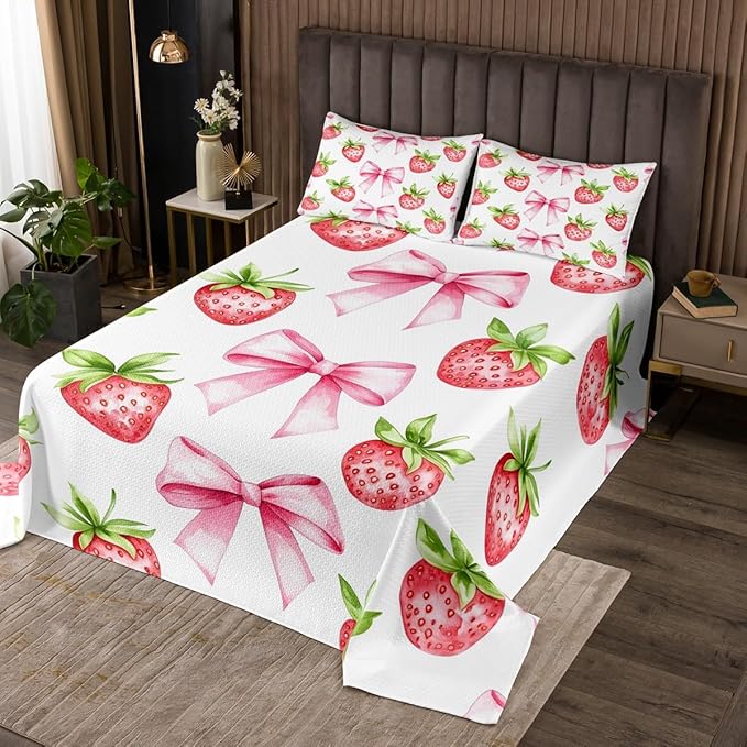 Pink Bowknot Kids Bedspread Queen Size,Strawberry Summer Fruit Cartoon Cute Coverlet Set,Girls Women Room Decor,Bow Tie Butterfly Knot Princess Quilted Coverlet,Unique Bedding Quilt,2 Pillowcases