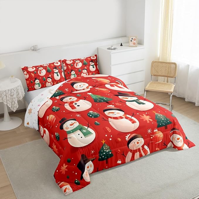 Feelyou Christmas Comforter Set Toddler Size Snowman Bedding Set for Kids Boys Girls Snowflake Duvet Quilt New Year Theme Bedroom Decor Microfiber 2 Pcs with 1 Pillow Cases