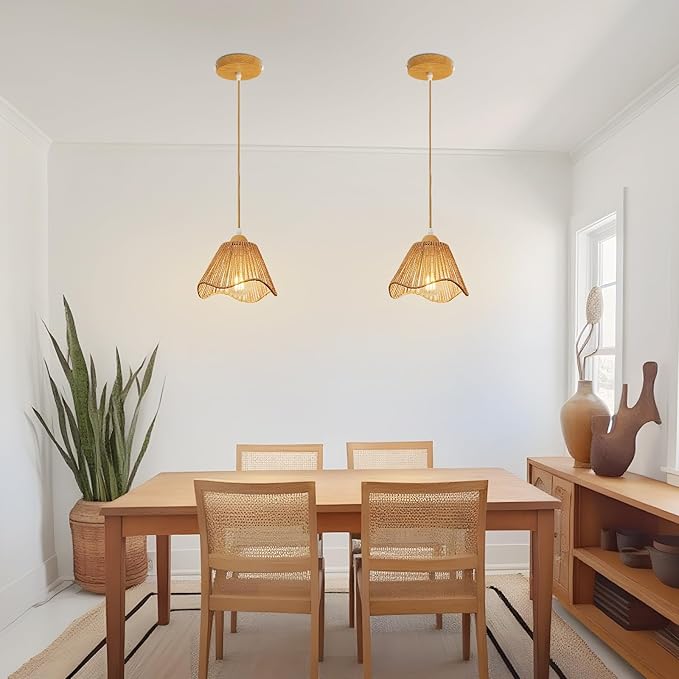 Wave Rattan Chandelier Pendant Lights Kitchen Island,Farmhouse Boho Chandeliers Adjustable Height Hanging lamp for Dining Room,Kitchen Ceiling Light Fixtures with Hand Woven Wicker Lampshade