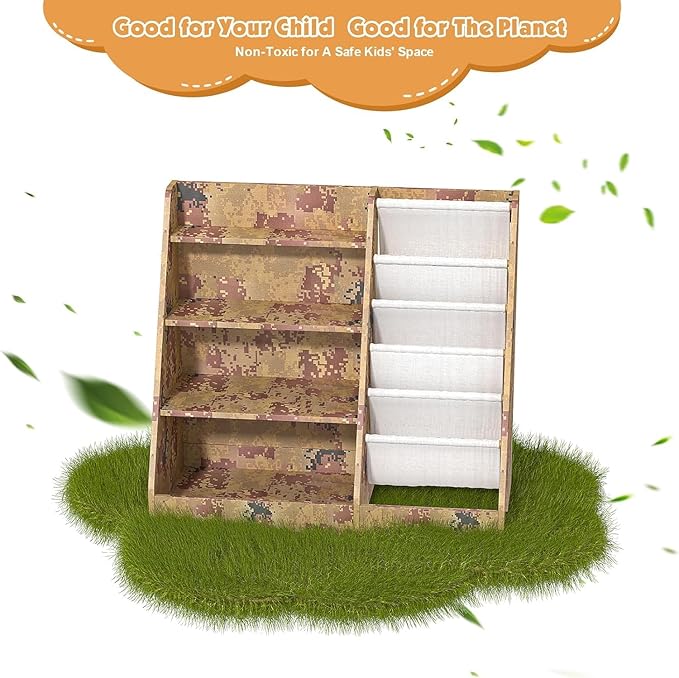 NACHES Montessori Kids Bookshelf Fabric Sling Pockets & Open Shelves – Front Facing Toddler Book Display and Toy Storage Organizer for Nursery Playroom or Bedroom 35" Wide (Camouflage Color, Middle)