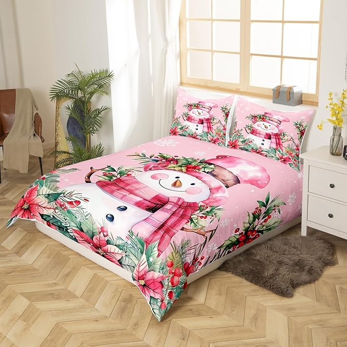 Manfei Xmas Snowman Duvet Cover Set King Size, Leaves Flower Snowflake Comforter Cover with 2 Pillowcases, Christmas Pink Bedding Set 3pcs for Kids Boys Girls Lightweight Bedspread Cover,No Comforter