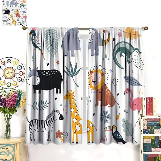 YCness Cartoon Forest Animals Curtains, Woodland Woodland Wild Giraffe Zebra Lion Hippopotamus Window Treatments for Kids Bedroom Living Room Home Nursery Drapes, 55x63 Inch