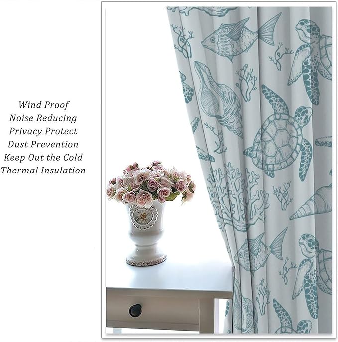 Turtle Starfish Curtains,Coral Starfish Seashell Beach Sea Seashell Theme Pattern Blackout Print Home Bedroom Living Room Window Treatmen 2 Panel Set 42x45 Inch