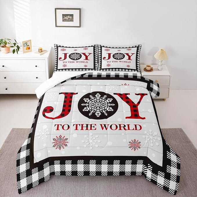 Christmas Snowflake Kids Comforter Set Full Size,Cottage Plank Bedding,Girls Boys Adults Bedroom/Xmas Cabin Decor,Geometric Grids Stylish Down Comforter,Rustic Farmhouse Duvet Insert,2 Pillowcases