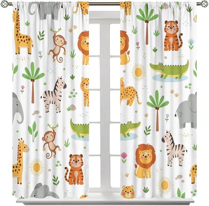 Cartoon Animal Curtains, Safari Woodland Jungle Forest Wildlife Blackout Window Treatments, Rod Pocket Thermal Insulated Drapes 2 Panel Sets for Kids Bedroom Nursery Classroom, 42" W X 63" L