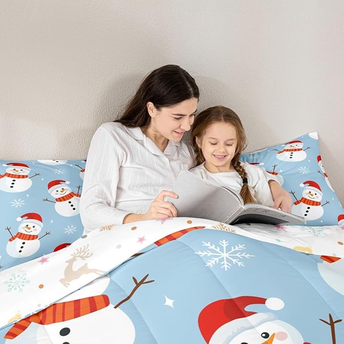 Feelyou Merry Christmas Bedding Set Soft for Boys Girls, Snowman Comforter Set Full Size Snowflake Duvet Quilt Microfiber Bedroom Decor 3 Pcs with 2 Pillow Cases
