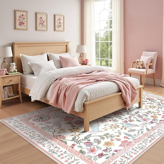 Floral Washable 6x9 Area Rugs for Living Room, Soft Pink Boho Girls Bedroom Rug Non-Slip Low Pile Flower Birds Dining Room Rug, Botanical Floor Carpet for Kids Classroom Office