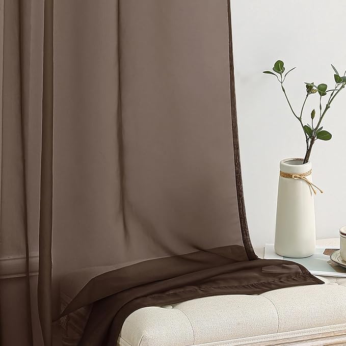 MIULEE Chocolate Brown Sheer Curtains 108 Inches Long 2 Panels, Light Filtering Voile Drapes with Rod Pocket for Bedroom and Living Room Windows