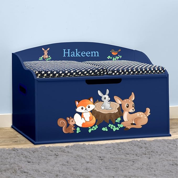 DIBSIES Personalized Creative Wonders Toy Box, Woodland Creatures, 30 x 19.25 x 18 inches, Soft-Close Lid (Blue)