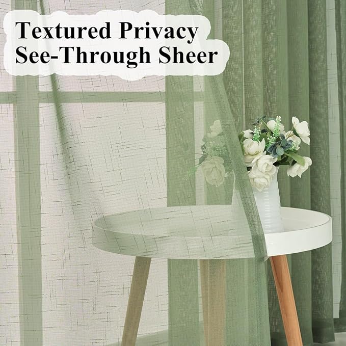Sage Green Pinch Pleated Sheer Curtains 102 Inch Long, 50 Inches Width, Rustic Linen Look Light Filtering Drapes Decor, Thin Textured Transparent Window Curtain Panels Floor to Ceiling