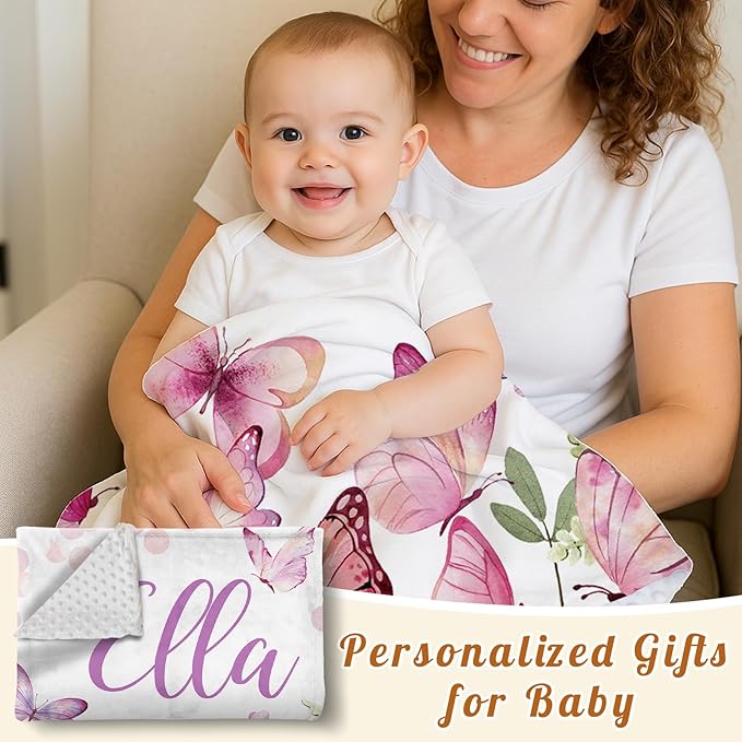 Personalized Baby Blanket for Girls, Custom Name Blanket for Newborn New Mom, Soft Flannel with Double Layer Dotted Backing, Ideal Gifts for Baby Shower Christmas Birthday, Butterfly(30”x40)