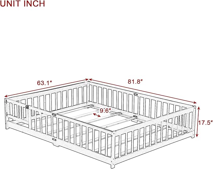 Queen Size Floor Bed for Kids, Wood Montessori Floor Beds with Fence Railings, Door & Slats Support, Queen Playhouse Bed Frame for Boys Girls, No Box Spring Needed, Gray