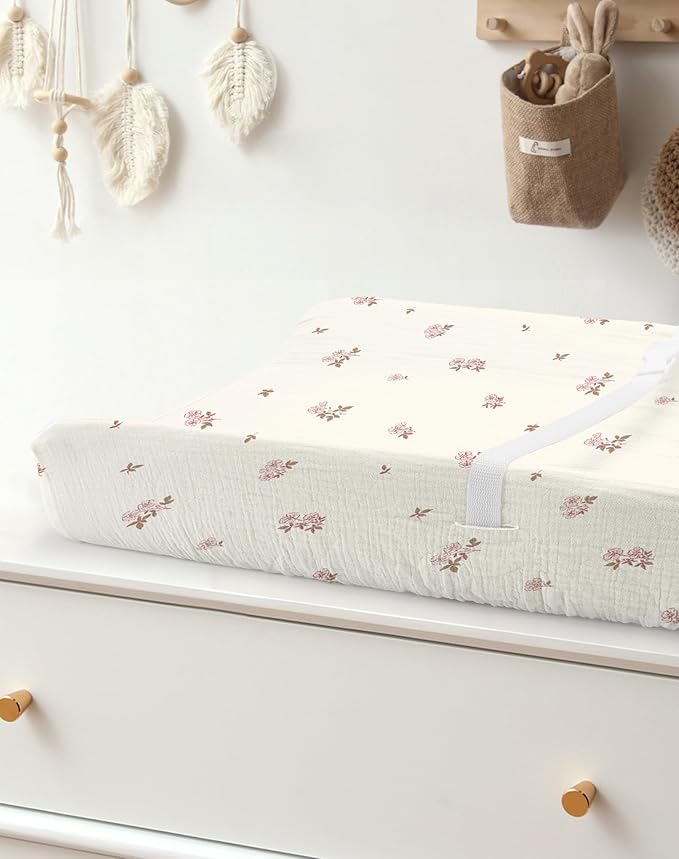Changing Pad Cover for Baby Boy Girl 2 Pack, Muslin Changing Table Pad Covers with Boho Style, Neutral Nursery Bedding Essentials Soft and Breathable (Vintage Blossom & Pink)