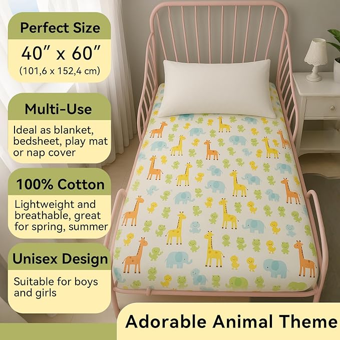 Kids Blanket 100% Cotton – Animal Theme Throw with Giraffe, Elephant, Frog, Duck – Lightweight Soft Toddler Blanket for Boys Girls, Perfect for Spring Summer Fall, 40 x 60 in (101.6 x 152.4 cm)
