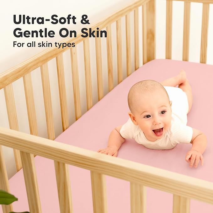 2-Pack Waterproof Baby Crib Sheets for Boys, Girls - 52x28 Viscose Derived from Bamboo Toddler Bed Sheet Neutral, Fitted Crib Mattress Protector Cover for Baby Bedding, Soft & Gentle (Rose)