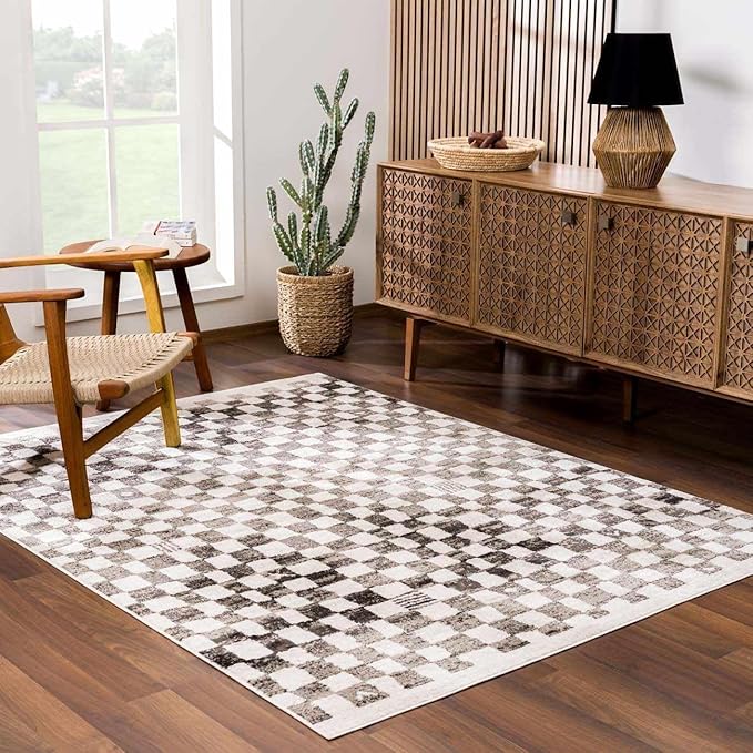 Hauteloom Benjy Living Room, Checkered Bedroom Area Rug - Farmhouse - Cream, Charcoal - 6'7" x 9'