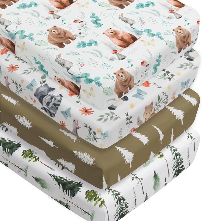 4 Pack Woodland Forest Animals Wood Neutral Unisex Fitted Baby Crib Sheets Set for Baby Boys or Girls (Cartoon Beer, 52 * 28)