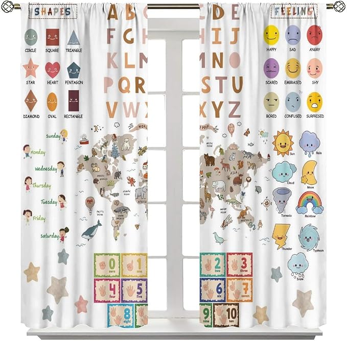 Kids Educational Curtain,Pastel ABC Alphabet Continents Map Numbers Shapes Weather Learning Tools Boy Girl Nursery Rod Pocket Window Treatments for Bedroom Living Room Decor 42" W X 45" L