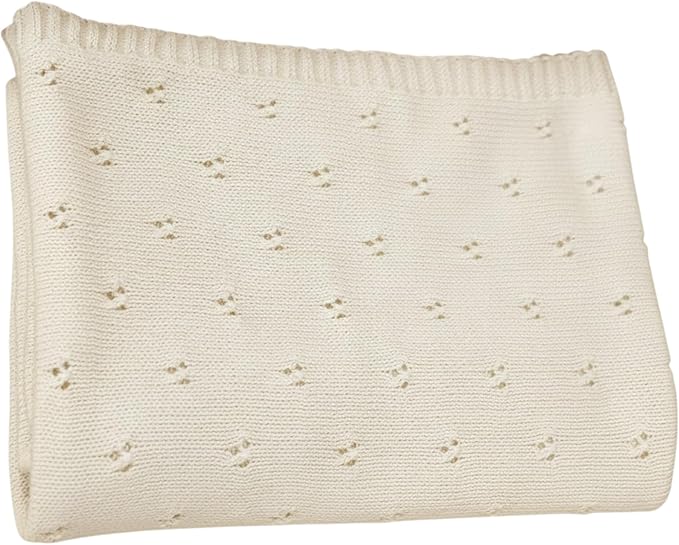 Baby Knit Blanket, 100% Cotton Eyelet Patterns, Soft, Cozy, Lightweight Swaddle for Newborn & Infant Swaddling Beige Neutral, Perfect Baby Shower Ideas Cream 30x30
