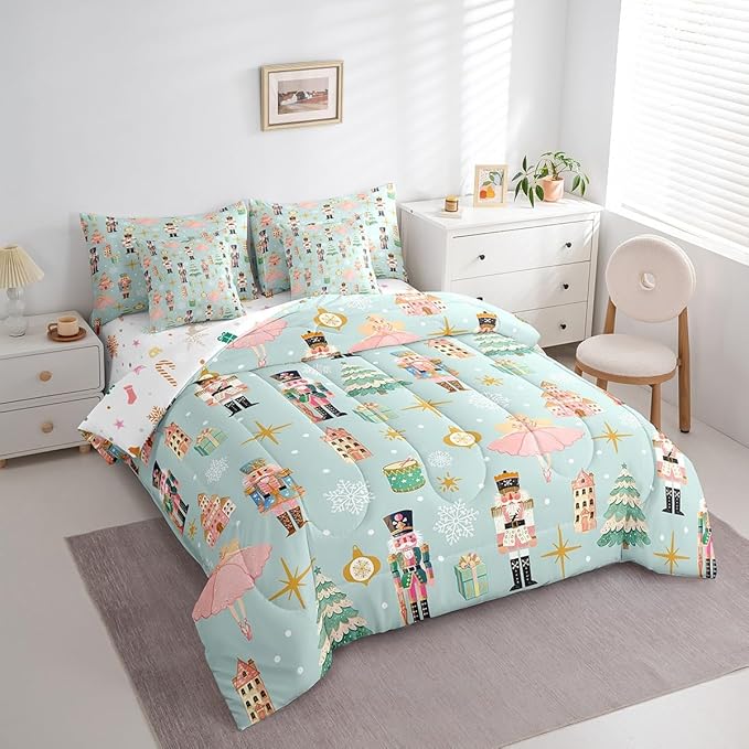 Erosebridal 7Pcs Green Christmas Comforter Set Full,Xmas Tree Nutcracker Bedding Set,Pink Princess Bed in A Bag for Girls Women,Winter Xmas Holiday Christmas Ornaments Quilt with Flat Fitted Sheet