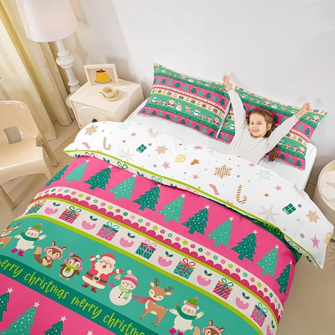 Christmas Bedding Set Cute Snowman Santa Claus Deer Comforter Cover for Kids Christmas Tree Xmas Theme Duvet Cover Breathable Pink Geometric Stripes Bedspread Cover Room Decor Quilt Cover Queen Size