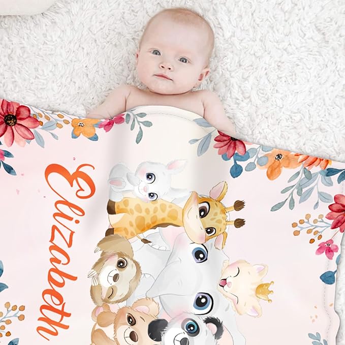 Custom Safari Animals Blanket Gift, Personalized Baby Blanket with Name, Soft Plush Flannel/Sherpa Fleece Throw Blankets for Toddler Kid Teen Boys Girls Color11