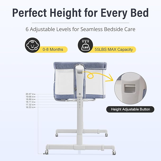 Baby Bassinet Bedside Sleeper 3-in-1, Easy Night Feeding with One-Side Fold & Rolling Wheels, Breathable Mesh, 6-Height Adjustable, Soft Mattress for Newborns