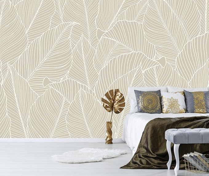 Tropical Palm Leaf Beige Wallpaper Peel and Stick Botanical Leaf Pattern Art Self Adhesive Wall Mural for Living Room Bedroom 137"x100"