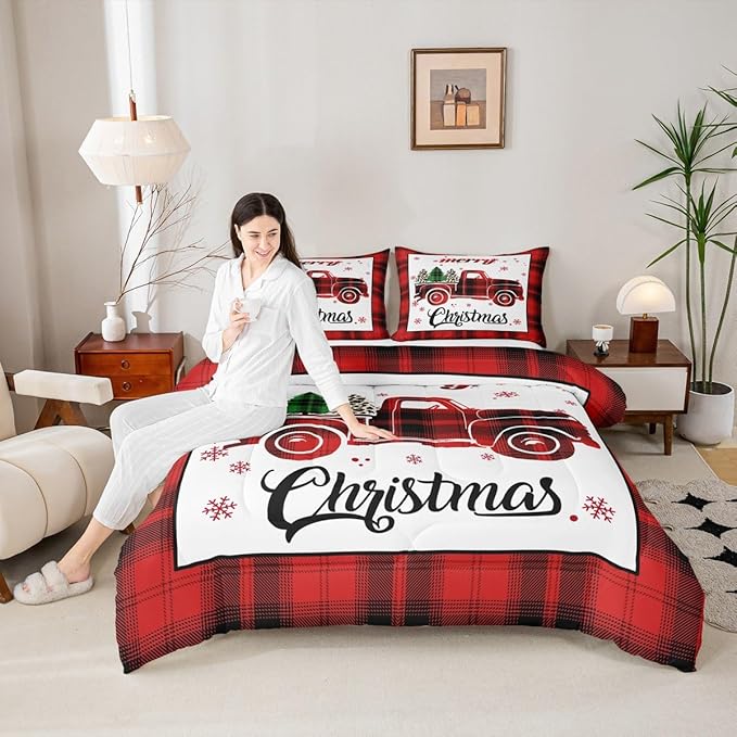 Manfei Xmas Truck Comforter Set Full Size, Christmas Tree Snowflake Print Bedding Set 3pcs for Kids Boys Girls Bedroom Decor, New Year Theme Red Plaid Print Quilt Set with 2 Pillowcases
