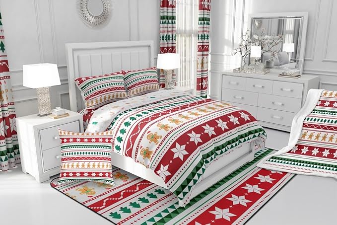 Feelyou Merry Christmas Bedding Set Soft for Boys Girls, Gingerbread Man Comforter Set King Size Duvet Quilt Microfiber Striped Bedroom Decor 3 Pcs with 2 Pillow Cases