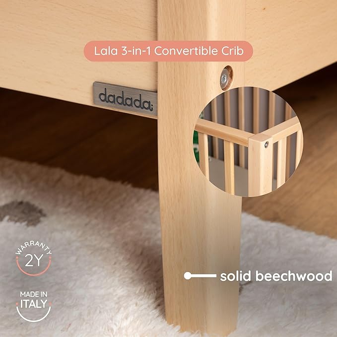 dadada Baby LaLa 3 in 1 Convertible Crib - Wood Crib Converts into Toddler Bed & Daybed - Greenguard Gold Certified, Made in Italy - 3 Adjustable Mattress Heights - Solid Beechwood (Natural)