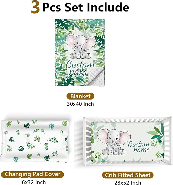 Custom Name Crib Bedding Set, 3 Pcs Personalized Baby Crib Bedding Set, Soft Green Elephant Nursery Crib Sets for Boys Girls, Double Layer Toddler Bedding Set Customized Gifts for Newborn Kids
