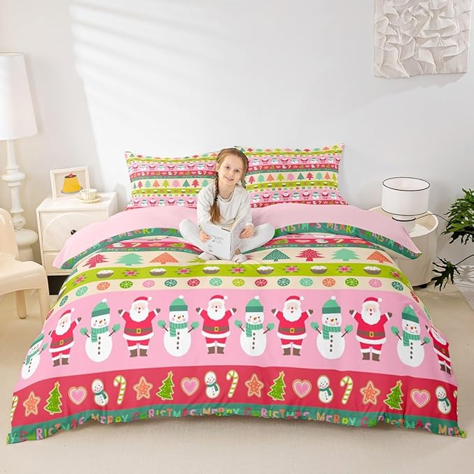 Cartoon Christmas Bedding Set for Kids Boys Girls Santa Claus Snowman Comforter Cover Set Pink Xmas Theme Duvet Cover Bedroom Decor Christmas Tree Bedspread Cover Twin Size Bedding Collection 2Pcs