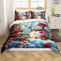 Manfei Christmas Kids Duvet Cover Set Twin Size, Cute Snowman Xmas Bedding Set for Boy Girls Room Decor, Red Flower New Year Comforter Cover, Lightweight Bedspread Cover, 1 Pillowcase, No Comforter