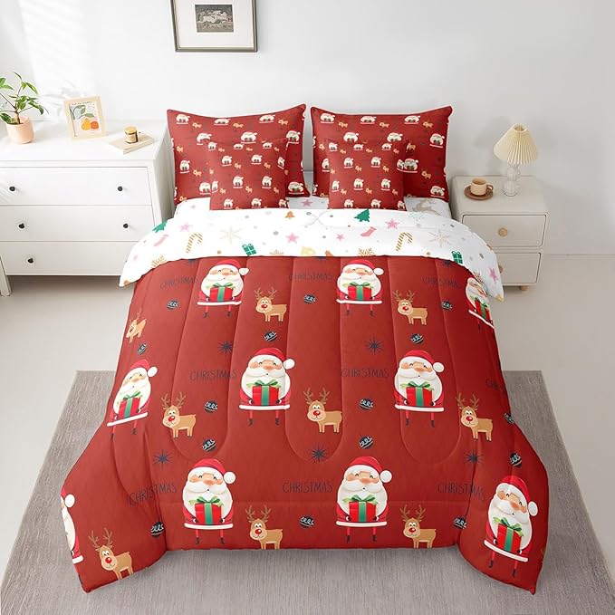 Santa Claus Bed Set Christmas Deer Bed in a Bag for Kids Boys Girls Winter Snowflake Comforter Set with Sheets Merry Christmas Khaki Red Bedding Set Bedroom Collection King Size