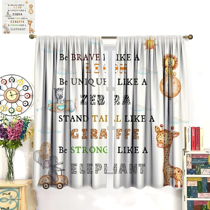 Cartoon Animals Curtains, Cute Jungle Animal Zebra Elephant Lion Giraffe Blackout Window Treatments, Rod Pocket Thermal Insulated Drapes 2 Panel Sets for Kids Bedroom Nursery Classroom, 42"W X 54"L