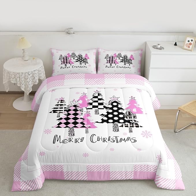Manfei Xmas Trees Comforter Set Twin Size, Pink Plaid Grid Snowflake Down Comforter with 1 Pillowcase, Christmas Theme Bedding Set 2pcs for Kids Girls Adults Room Decor New Year Duvet Insert