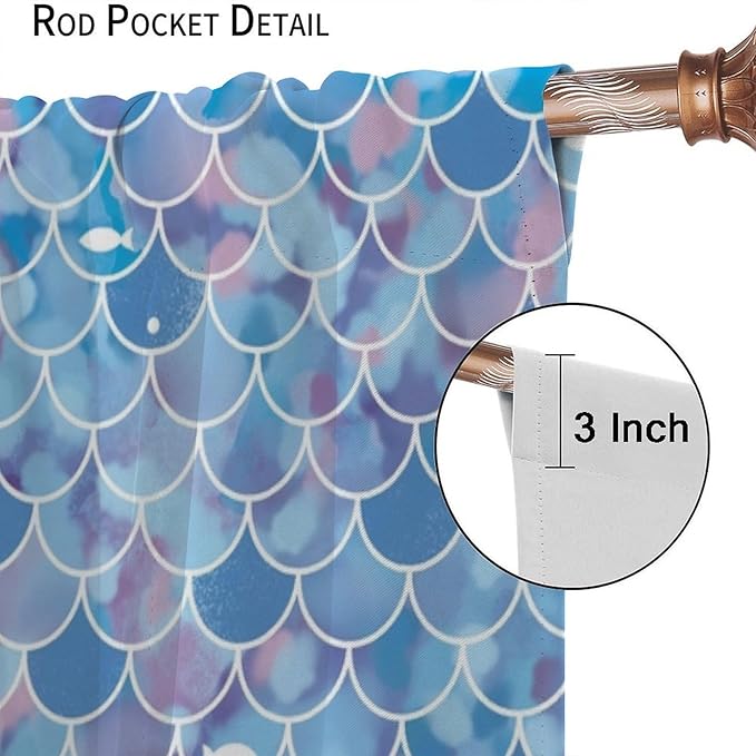 Mermaid Blackout Curtains, Kids Cartoon Blue and Pink Ocean Mermaid Scale Pattern Decoration for Girls Bedroom Nursery Curtains 42x45 Inch