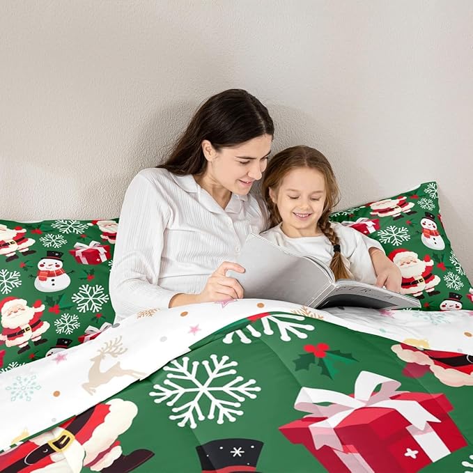jejeloiu Merry Christmas Comforter Set Queen Size Xmas Santa Claus Bedding Set for Kids Boys Girls Cute Snowman Duvet Quilt Green Bedroom Decor