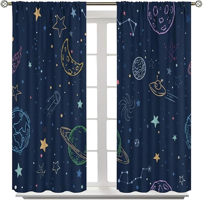 Navy Blue Space Curtains, Cartoon Outer Space Stars Planets Theme Galaxy Curtains for Kids Teens Bedroom Nursery Toddlers Room 84" W X 84" L